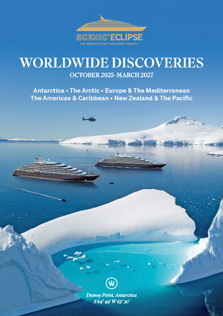 This shows an image of our Scenic Eclipse Worldwide Discoveries 2025-2027 brochure cover. 