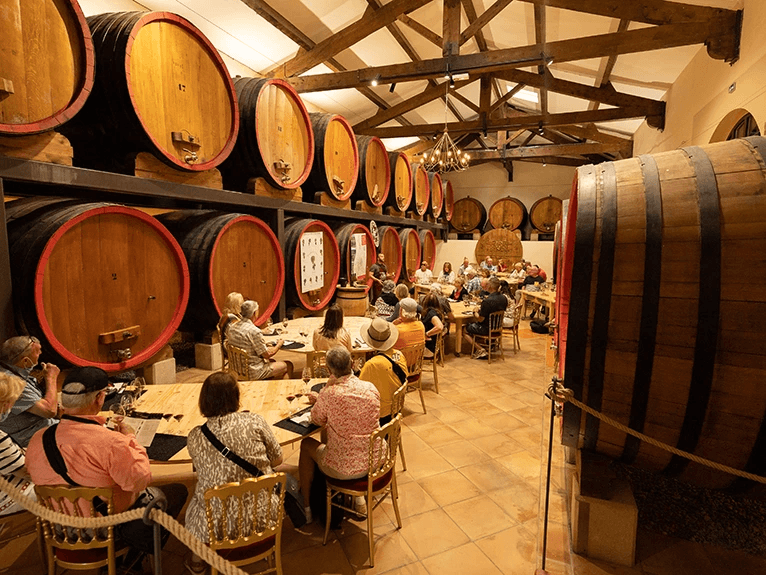 Groups of guests sitting at tables for a wine tasting at Chateauneuf de Pape, France