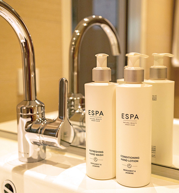 Bathroom products on a Scenic cruise ship.