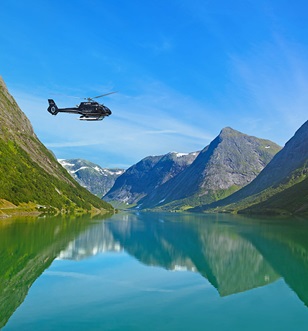 Scenic Helicopter flying over Norway, Fjords