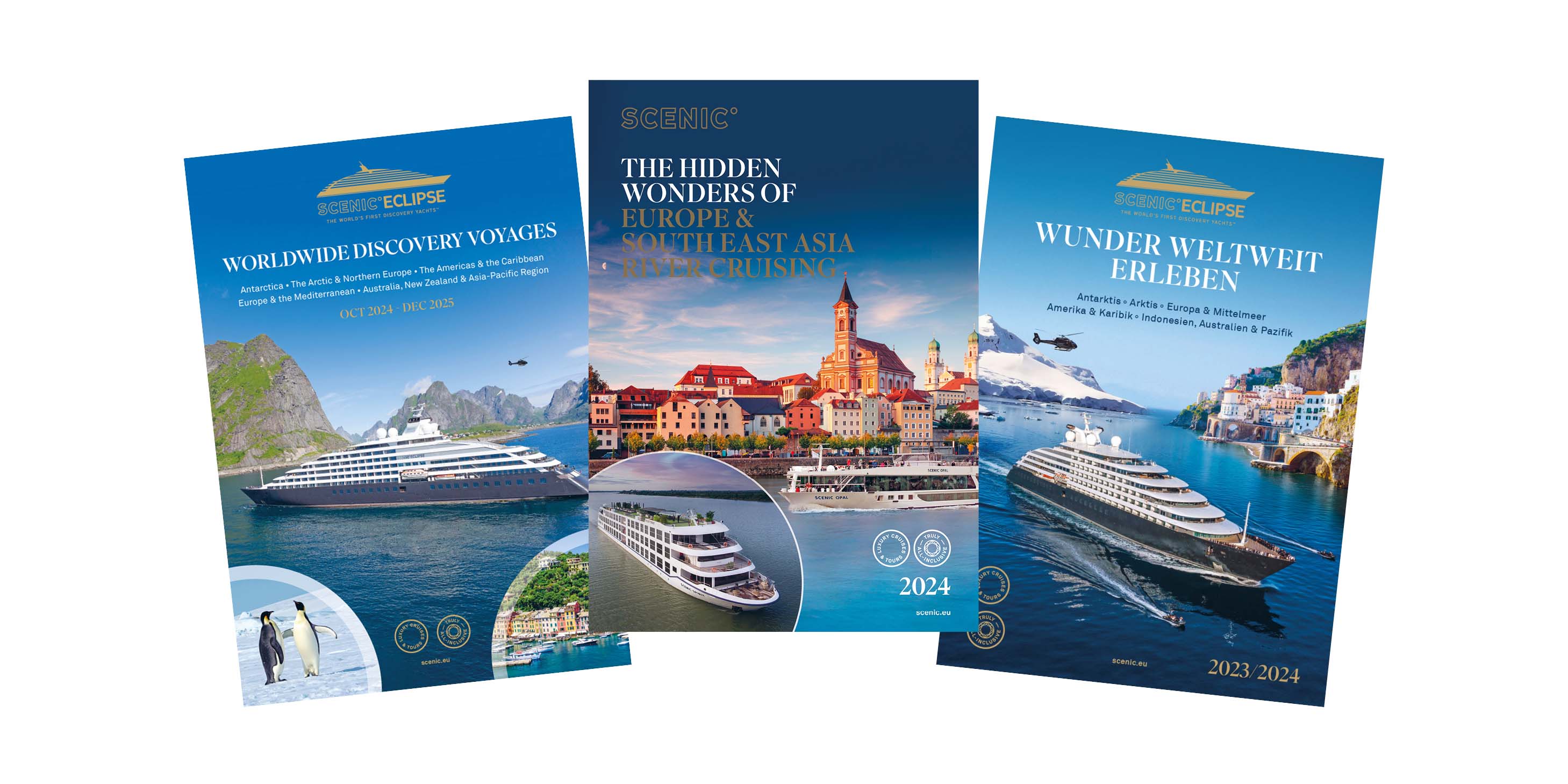 fan of brochure covers for Scenic Luxury Cruises