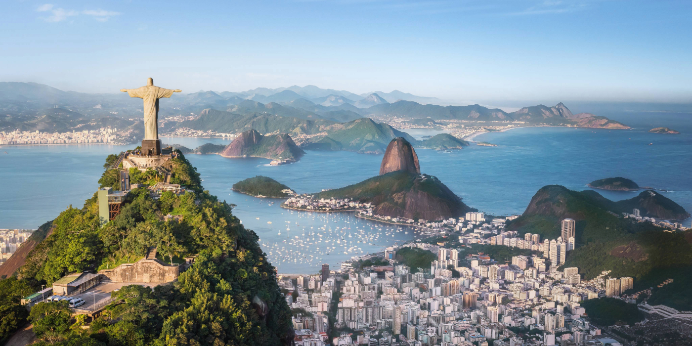 Shot from above of Christ the Redeemer overlooking Rio de Janeiro, Brazil.